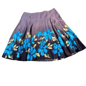 Jones Wear Floral A-Line Skirt with Vibrant Blue Flowers and Gold Leaves Size 18